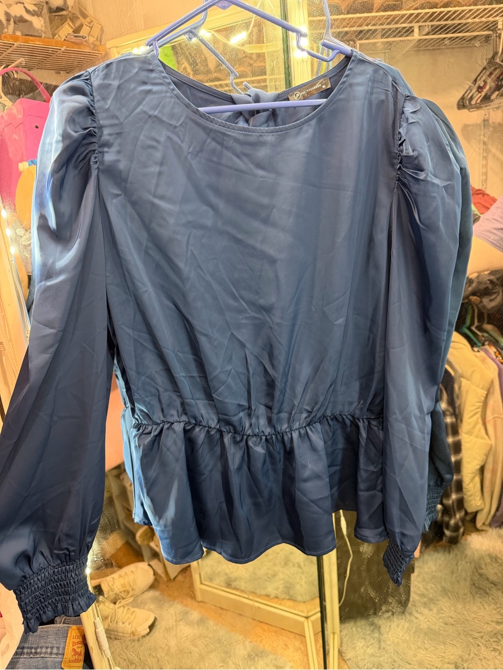 Blue Puff-Sleeve Peplum Blouse